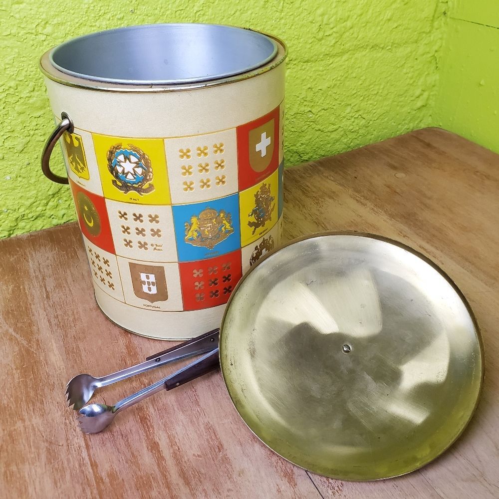 Vintage MCM Rare Fred Press Ice Bucket European Crests Barware